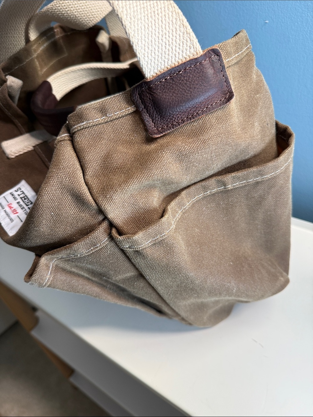 Steele Brown Waxed Canvas Tote with Cattle Hide Grips and Cream Canvas Straps - Picture 15 of 15